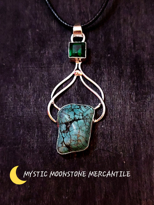 TURQUOISE AND TOURMALINE 925 STERLING SILVER PENDANT