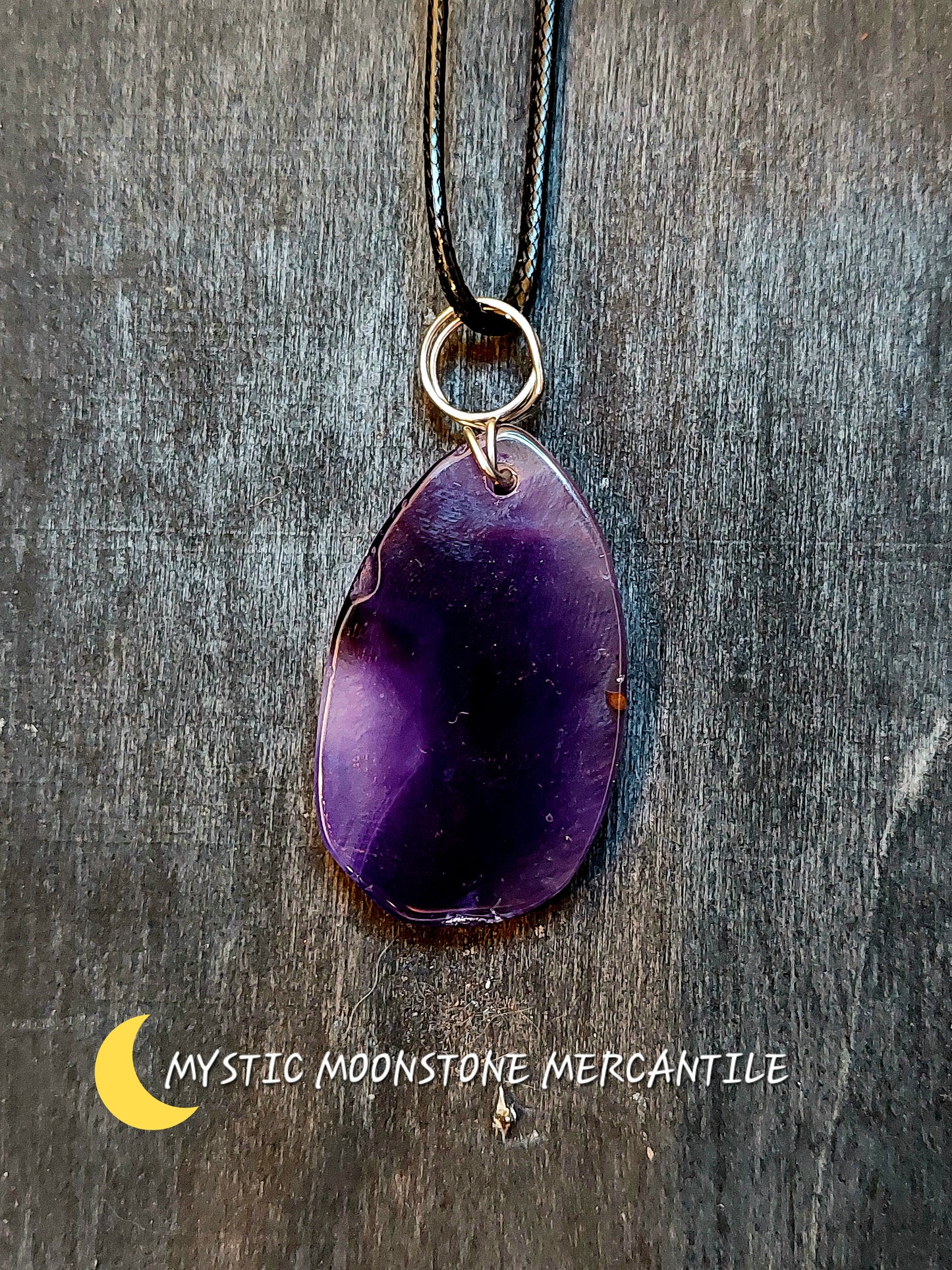 PURPLE AGATE SLICE PENDANT ON BLACK WAXED CORD NECKLACE 18-20" ADJUSTABLE