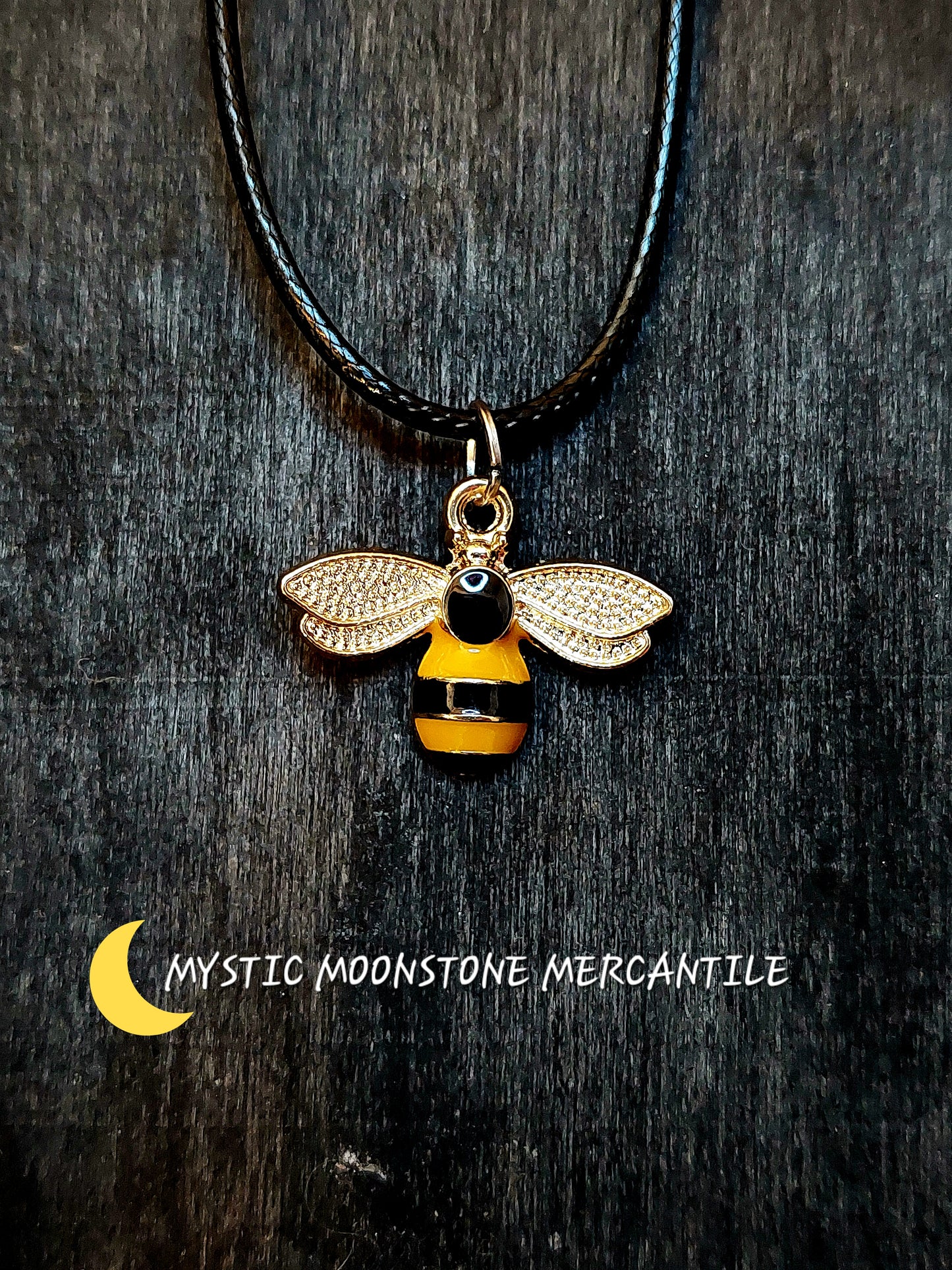 HONEY BEE ENAMEL PENDANT ON BLACKWAXEDCORDNECKLACE 18-20" ADJUSTABLE