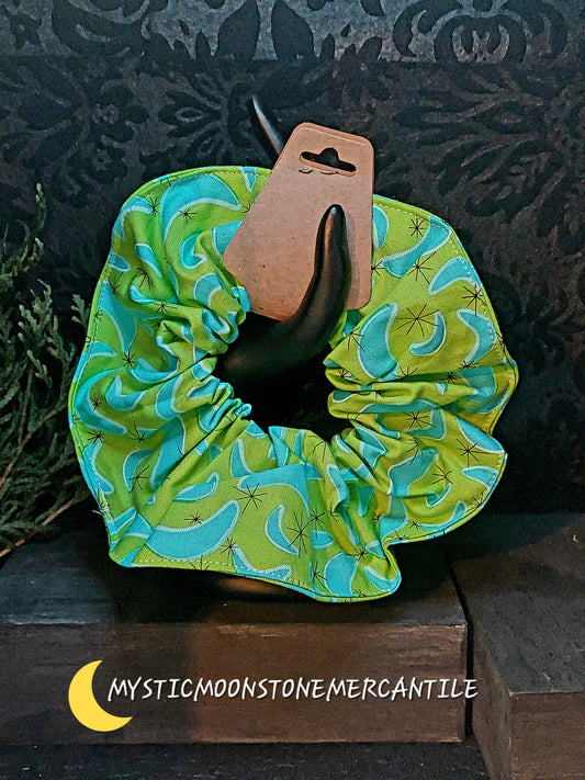 GREEN WITH BLUE MOONS SCRUNCHIE