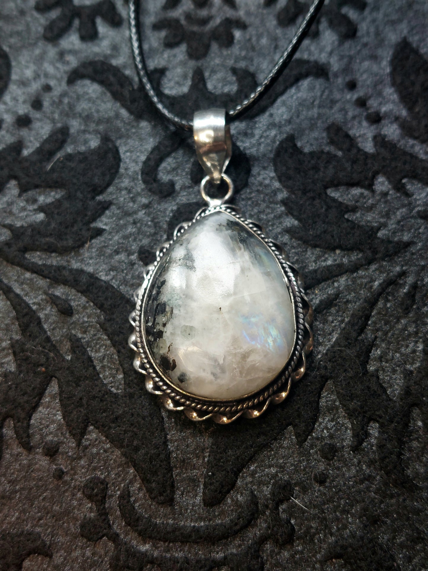 RAINBOW MOONSTONE IN 925 STERLING SILVER PENDANT  WITH 18/20" BLACK WAXED CORD NECKLACE