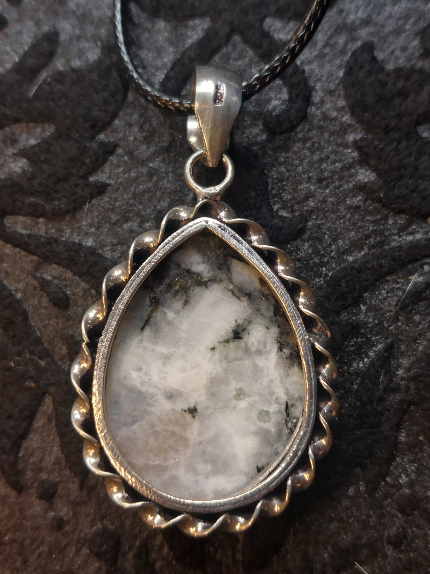 RAINBOW MOONSTONE IN 925 STERLING SILVER PENDANT  WITH 18/20" BLACK WAXED CORD NECKLACE