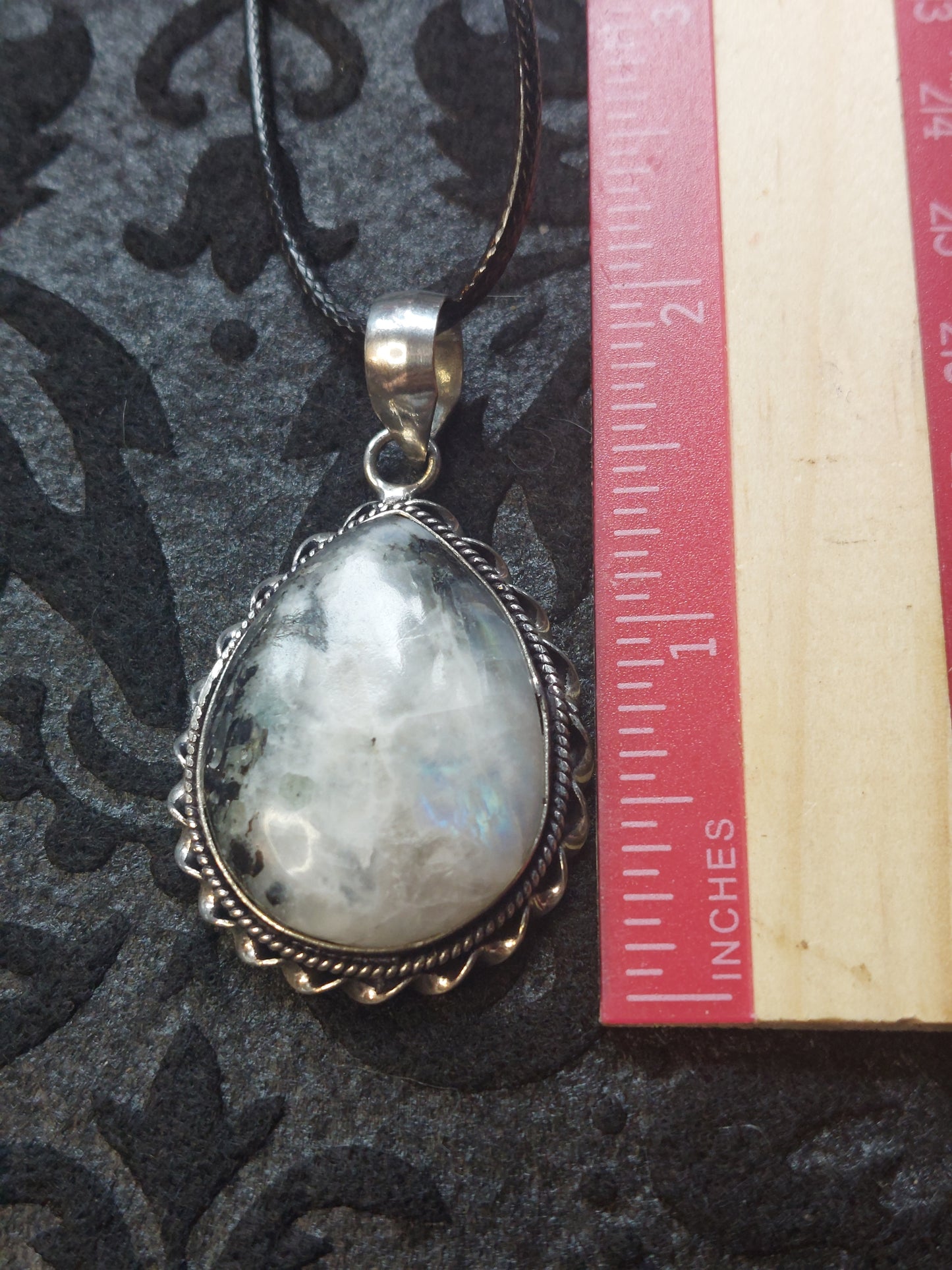 RAINBOW MOONSTONE IN 925 STERLING SILVER PENDANT  WITH 18/20" BLACK WAXED CORD NECKLACE