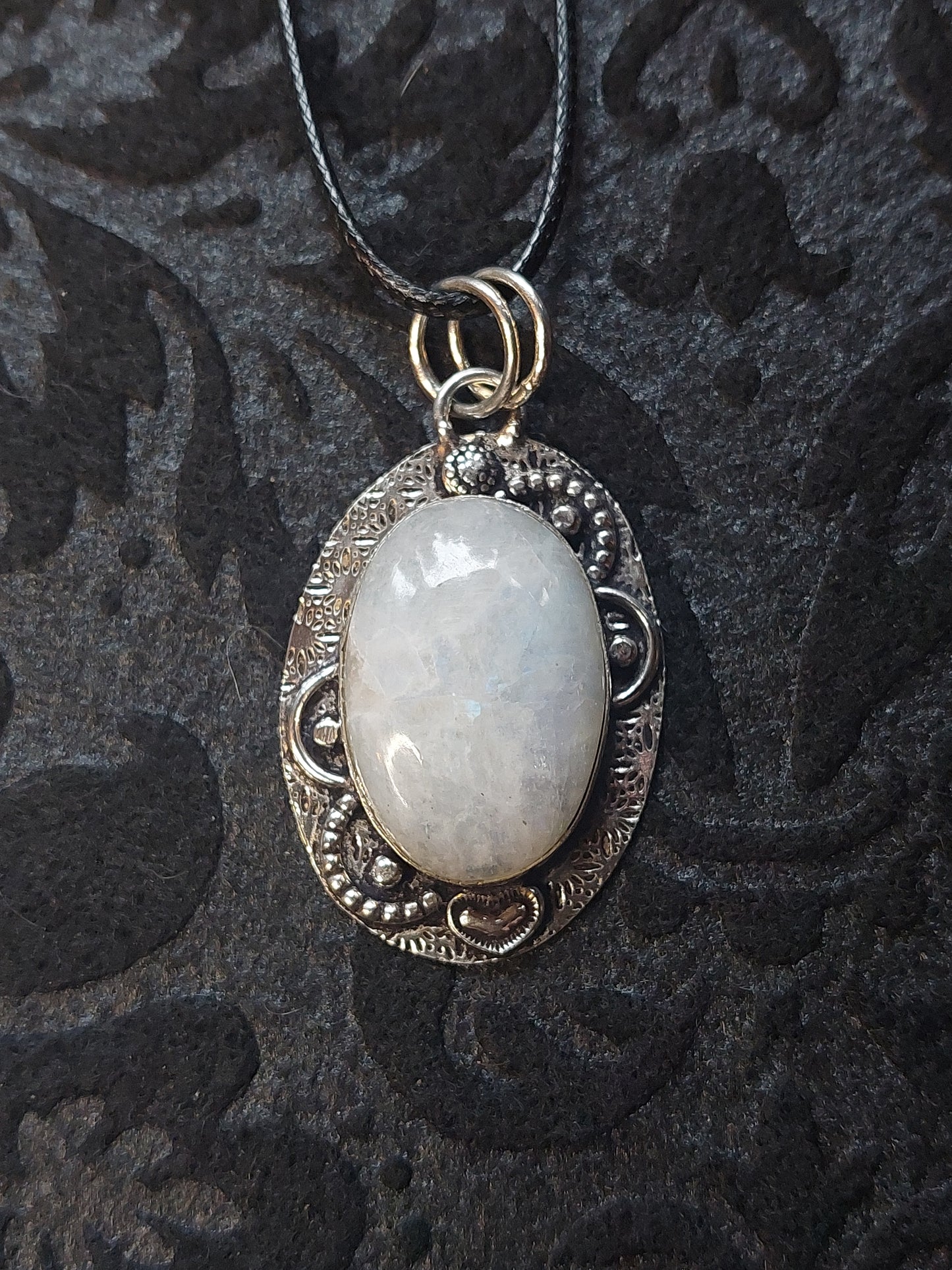 MOONSTONE IN 925 STERLING SILVER PENDANT WITH 18/20" BLACK WAXED CORD NECKLACE