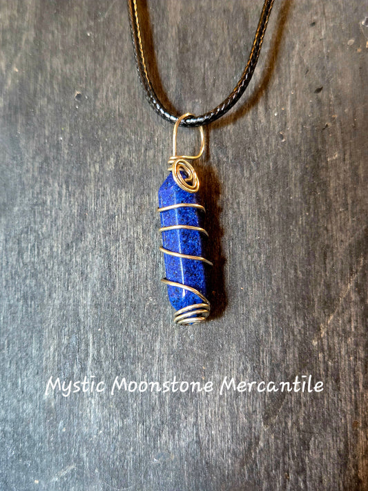 HAND WRAPPED LAPIS LAZULI DOUBLE POINT W/ WAXED BLACK CORD NECKLACE