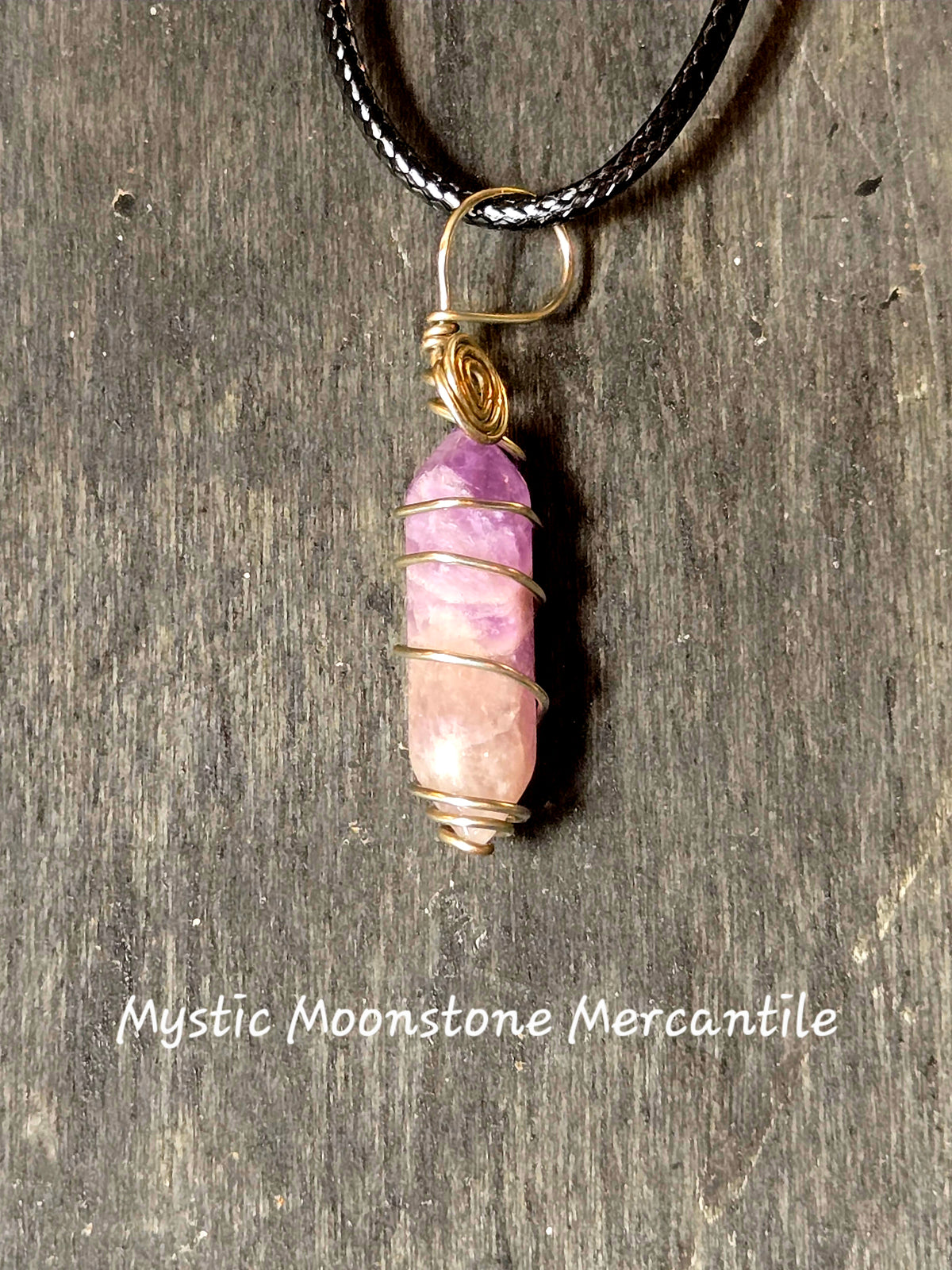 HAND WRAPPED AMETHYST DOUBLE POINT W/ WAXED BLACK CORD NECKLACE )