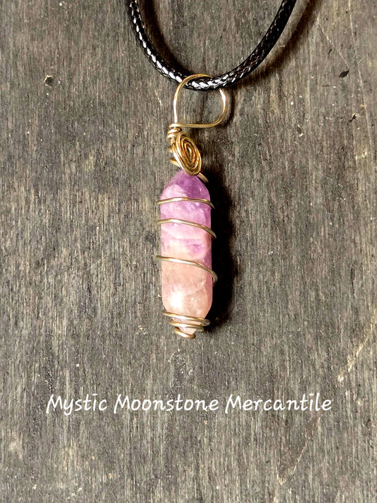 HAND WRAPPED AMETHYST DOUBLE POINT W/ WAXED BLACK CORD NECKLACE )